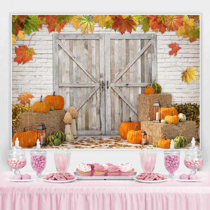 Aperturee - (7 Day Delivery) Aperturee Maple Pumpkin Brick Wall Wooden Door Autumn Backdrop