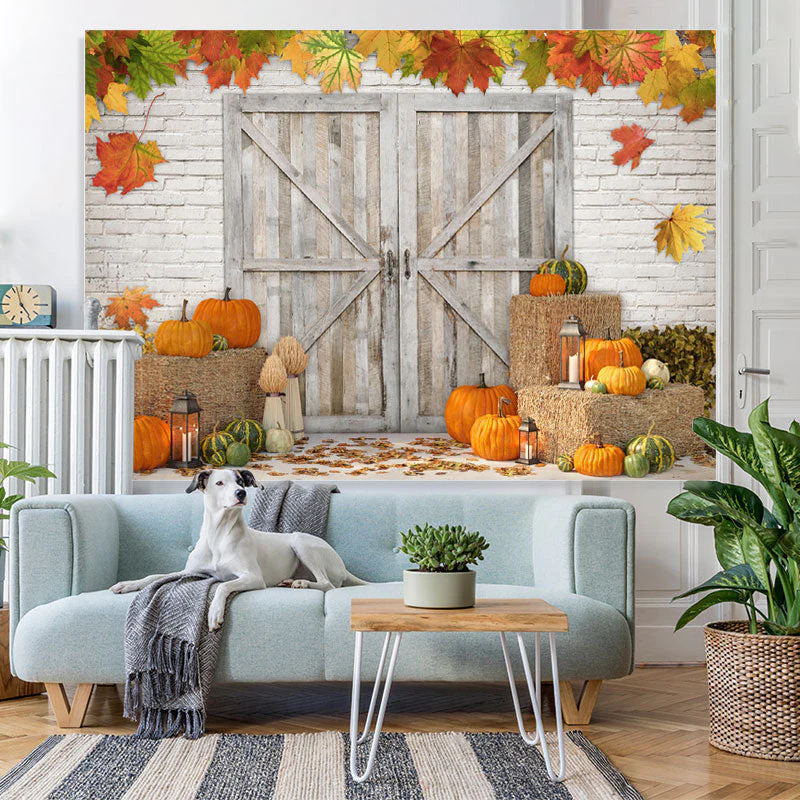 Aperturee - (7 Day Delivery) Aperturee Maple Pumpkin Brick Wall Wooden Door Autumn Backdrop