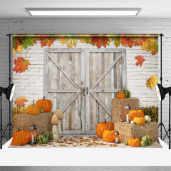 Aperturee - (7 Day Delivery) Aperturee Maple Pumpkin Brick Wall Wooden Door Autumn Backdrop