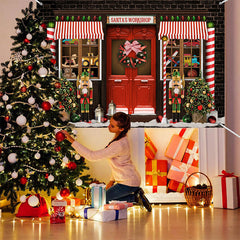 Aperturee - (7 Day Delivery) Aperturee Festive Brown Red Christmas Santa Workshop Backdrop