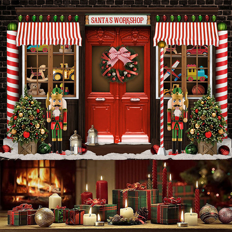 Aperturee - (7 Day Delivery) Aperturee Festive Brown Red Christmas Santa Workshop Backdrop