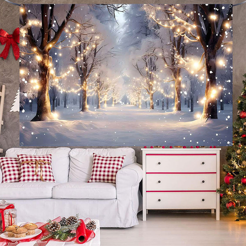 Aperturee - (7 Day Delivery) Aperturee Light Twinkling Snowy Winter Forest Tree Backdrop