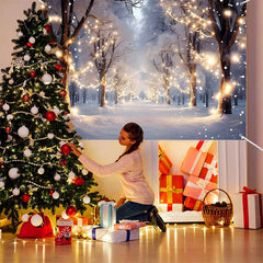 Aperturee - (7 Day Delivery) Aperturee Light Twinkling Snowy Winter Forest Tree Backdrop