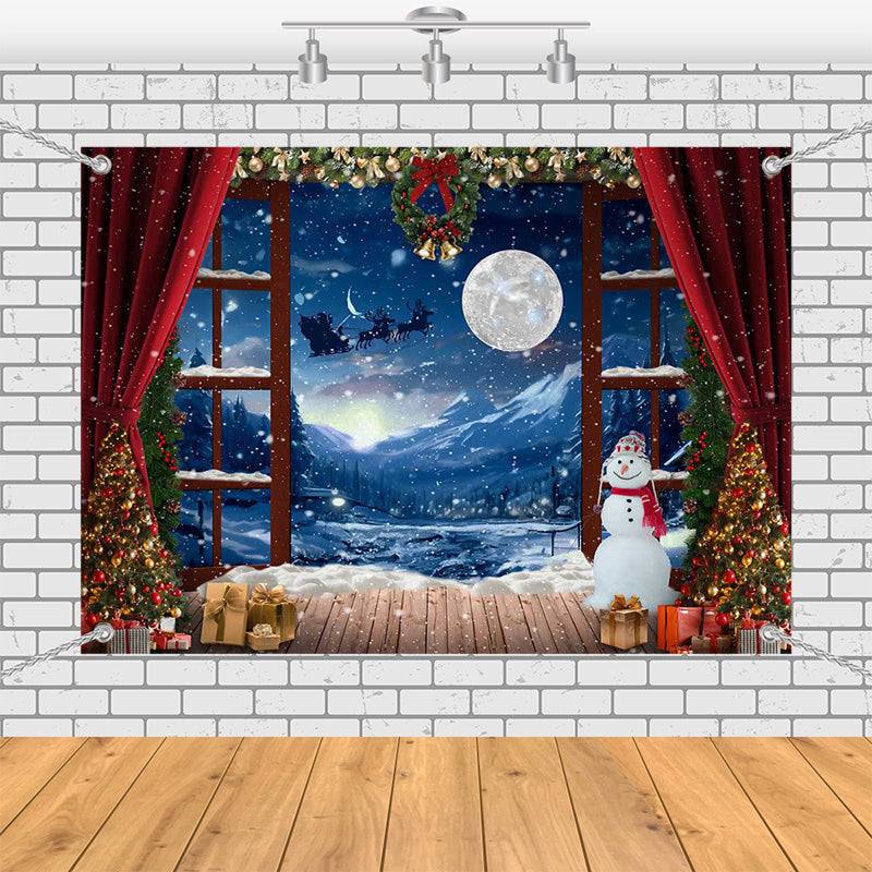 Aperturee - (7 Day Delivery) Aperturee Red Curtain Snowy Window Night Christmas Backdrop