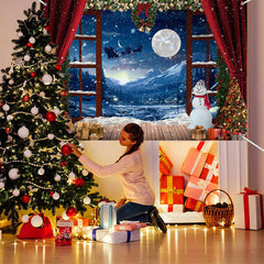 Aperturee - (7 Day Delivery) Aperturee Red Curtain Snowy Window Night Christmas Backdrop