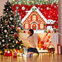 Aperturee - (7 Day Delivery) Aperturee Red Festive Christmas Gingerbread House Backdrop