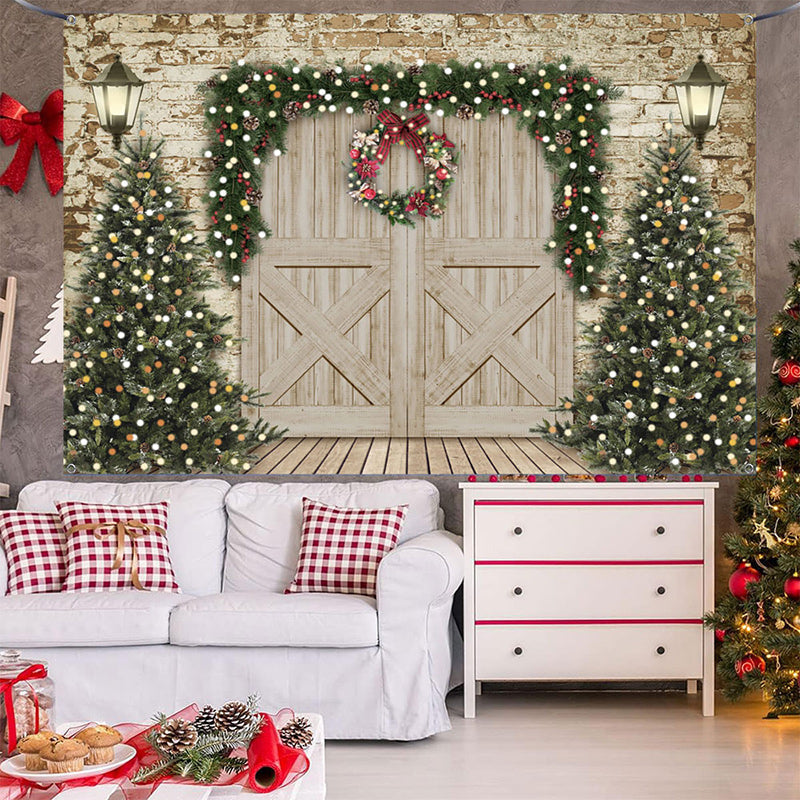 Aperturee - (7 Day Delivery) Aperturee Retro Wooden Beige Door Tree Christmas Vibe Backdrop