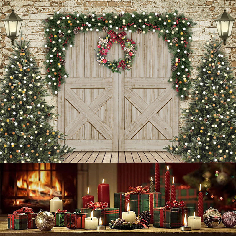 Aperturee - (7 Day Delivery) Aperturee Retro Wooden Beige Door Tree Christmas Vibe Backdrop