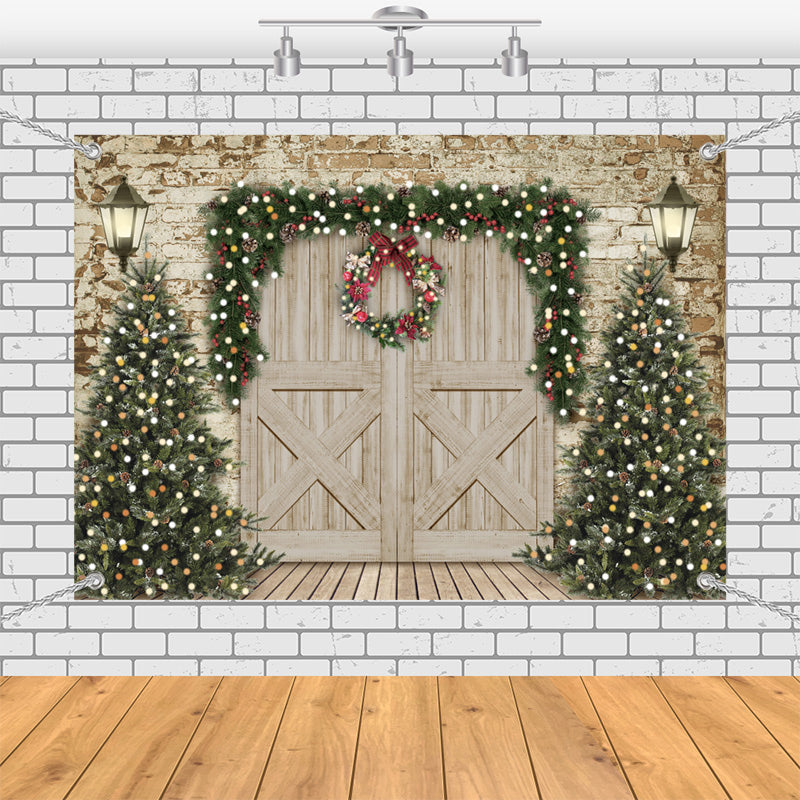 Aperturee - (7 Day Delivery) Aperturee Retro Wooden Beige Door Tree Christmas Vibe Backdrop