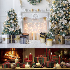 Aperturee - (7 Day Delivery) Aperturee White Indoor Scene Christmas Fireplace Tree Backdrop