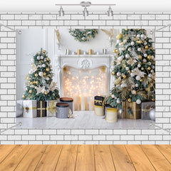 Aperturee - (7 Day Delivery) Aperturee White Indoor Scene Christmas Fireplace Tree Backdrop