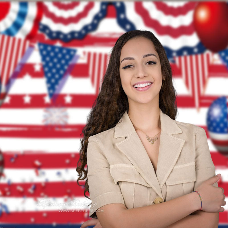 Aperturee - USA Balloon Red White Stripes Independence Day Backdrop