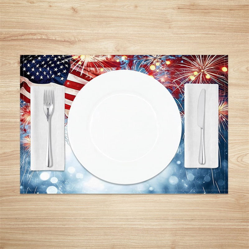 Aperturee - Usa Flag Spark Blue Bokeh Fabric Set Of 4 Placemats