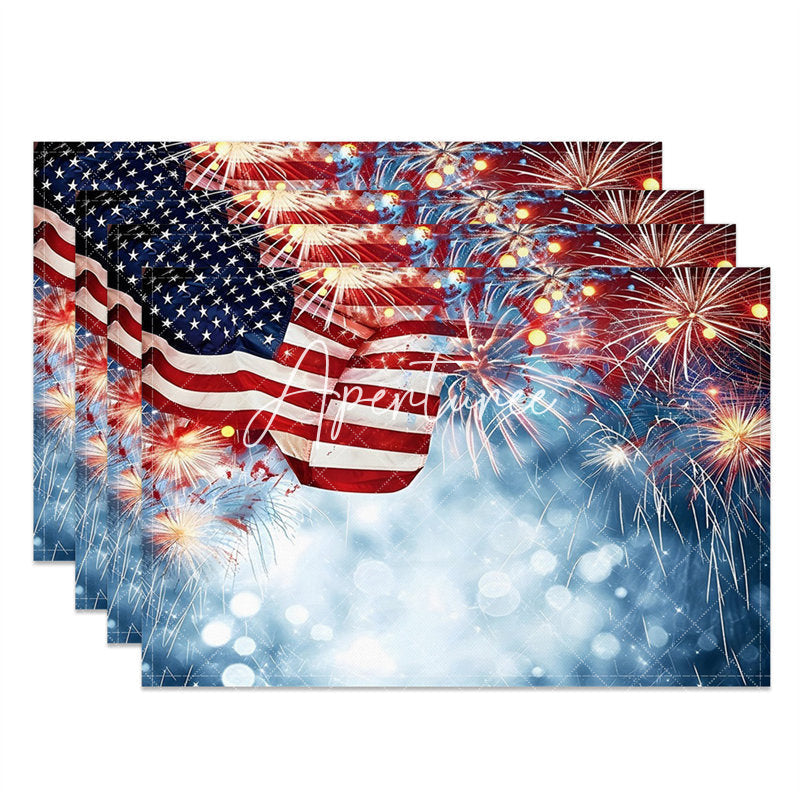 Aperturee - Usa Flag Spark Blue Bokeh Fabric Set Of 4 Placemats