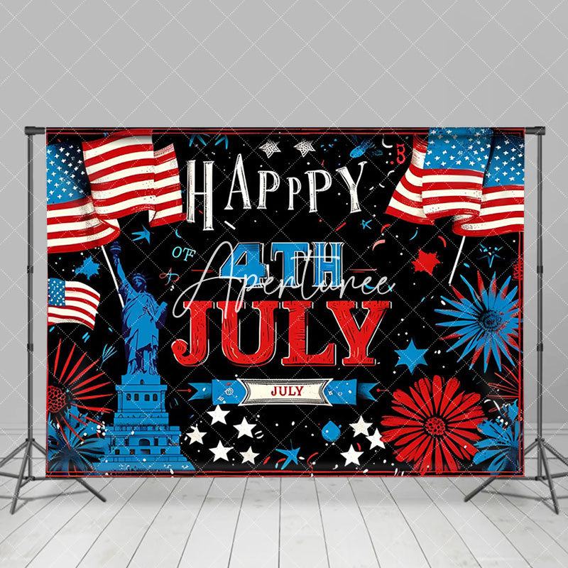 Aperturee - Usa Flag Statue Floral Black Happy 4th July Backdrop