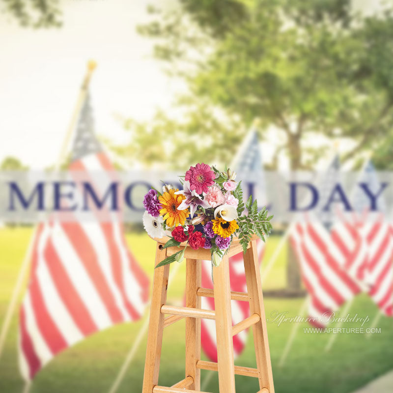 Aperturee - USA Flags Green Lawn Memorial Day Backdrop For Photo