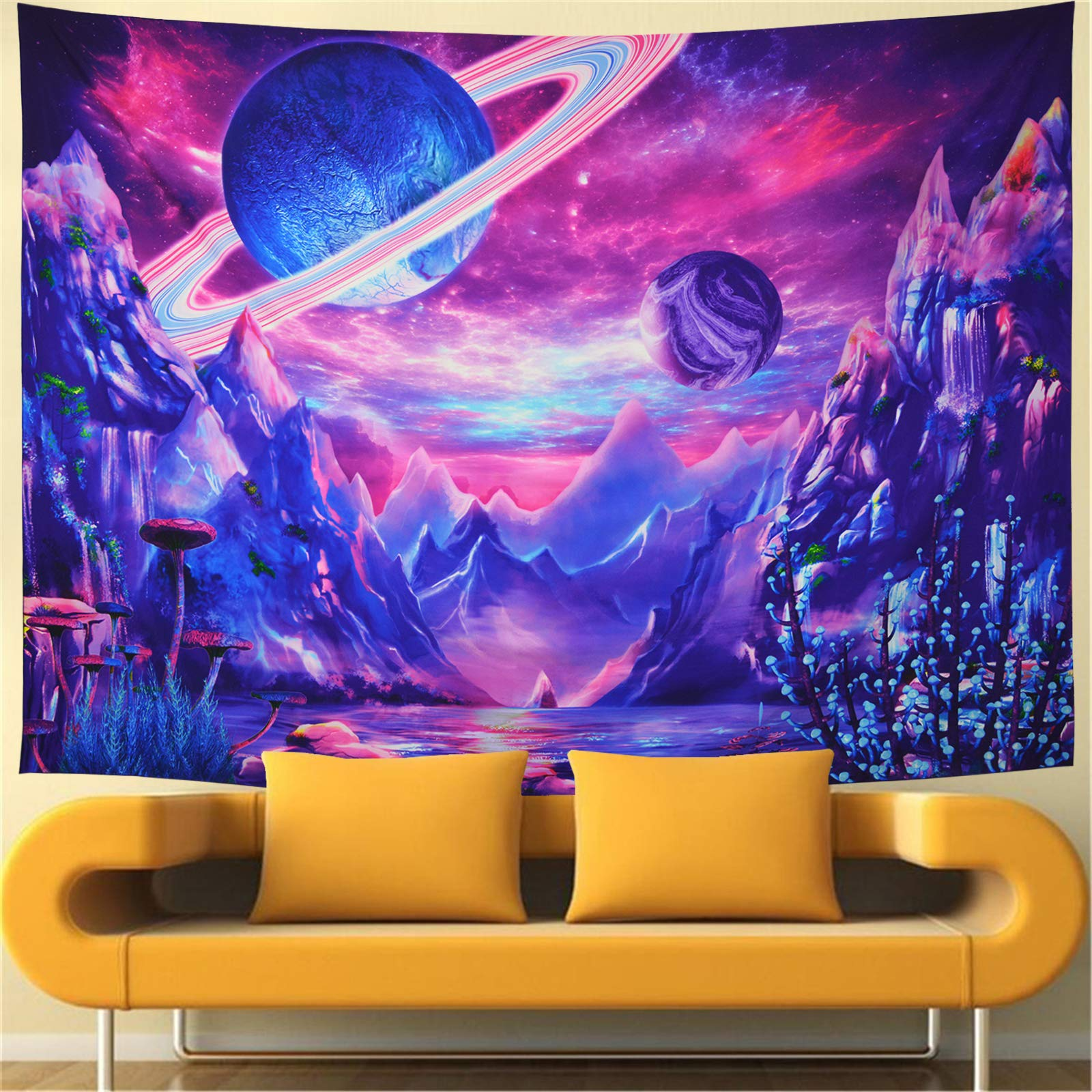 Aperturee UV Blacklight Mushroom Planet Tapestry for Living Room Decor