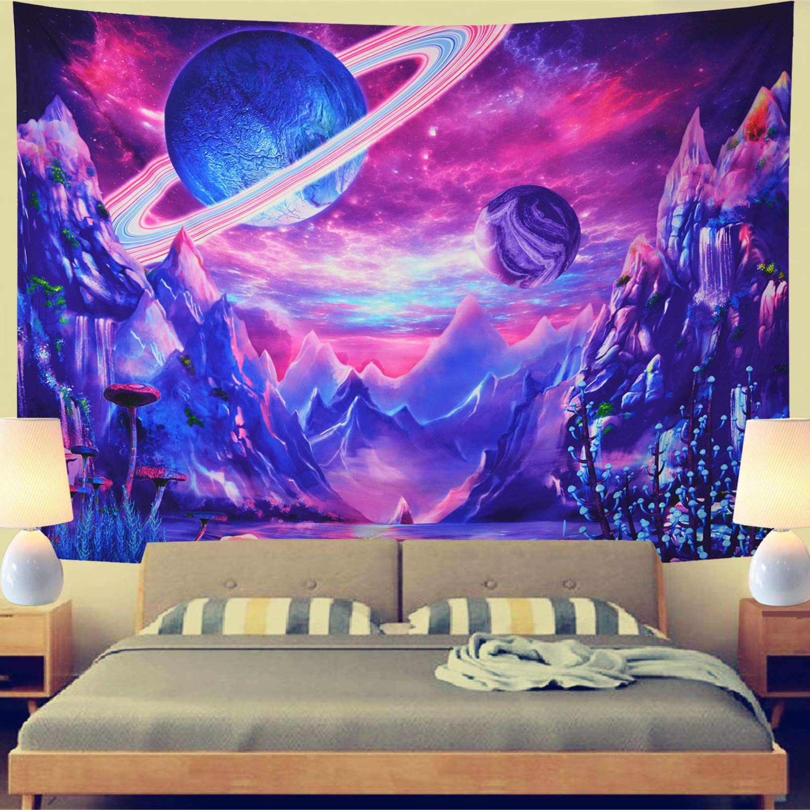 Aperturee UV Blacklight Mushroom Planet Tapestry for Living Room Decor