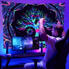 Aperturee UV Blacklight Tree of Life Sun Moon and Star Galaxy Tapestry