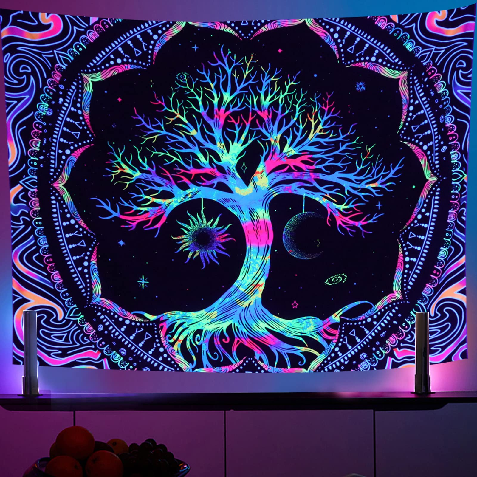 Aperturee UV Blacklight Tree of Life Sun Moon and Star Galaxy Tapestry