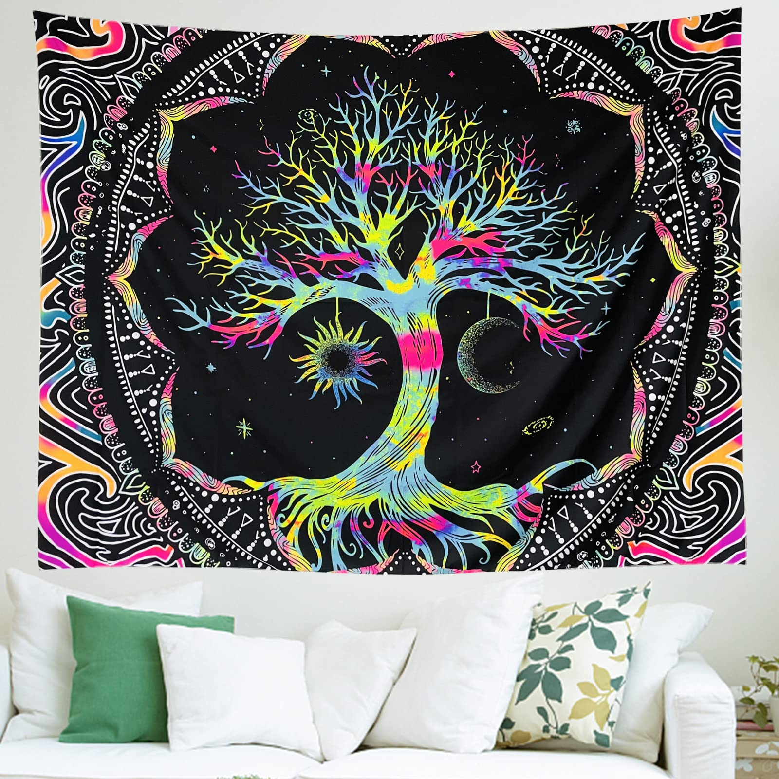 Aperturee UV Blacklight Tree of Life Sun Moon and Star Galaxy Tapestry