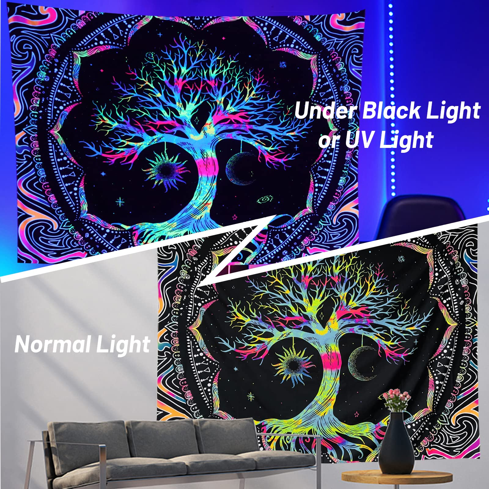 Aperturee UV Blacklight Tree of Life Sun Moon and Star Galaxy Tapestry