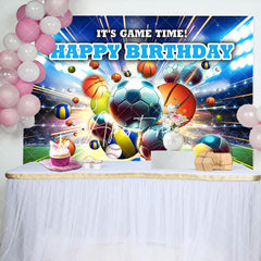 Aperturee - Various Flying Balls Green Field Birthday Backdrop