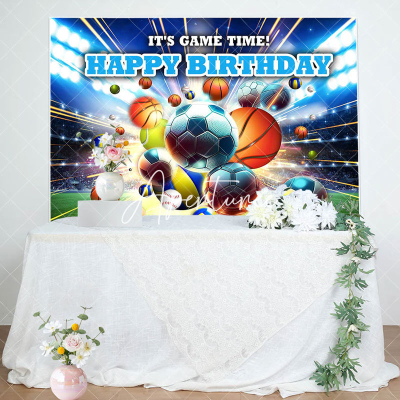 Aperturee - Various Flying Balls Green Field Birthday Backdrop