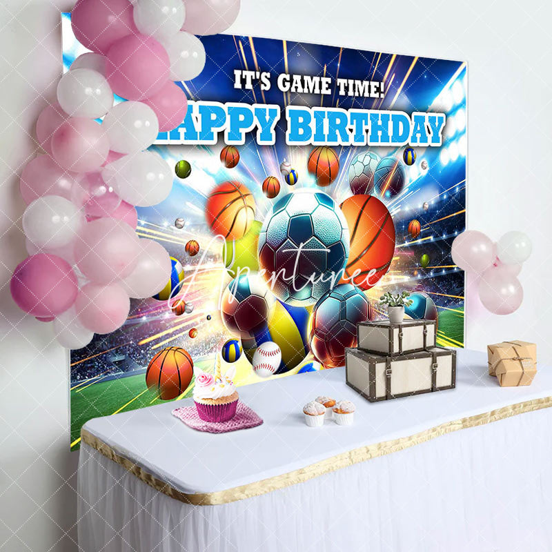 Aperturee - Various Flying Balls Green Field Birthday Backdrop