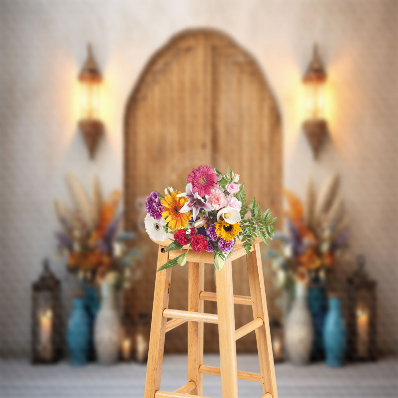 Aperturee - Vase Plant Lights Wood Door Boho Photo Backdrop