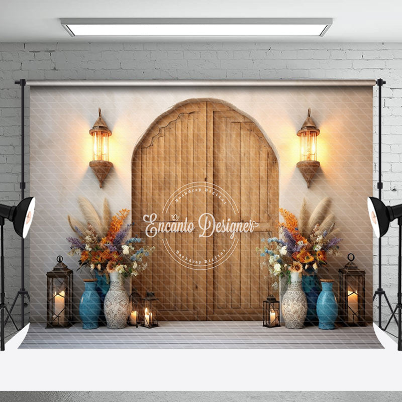 Aperturee - Vase Plant Lights Wood Door Boho Photo Backdrop