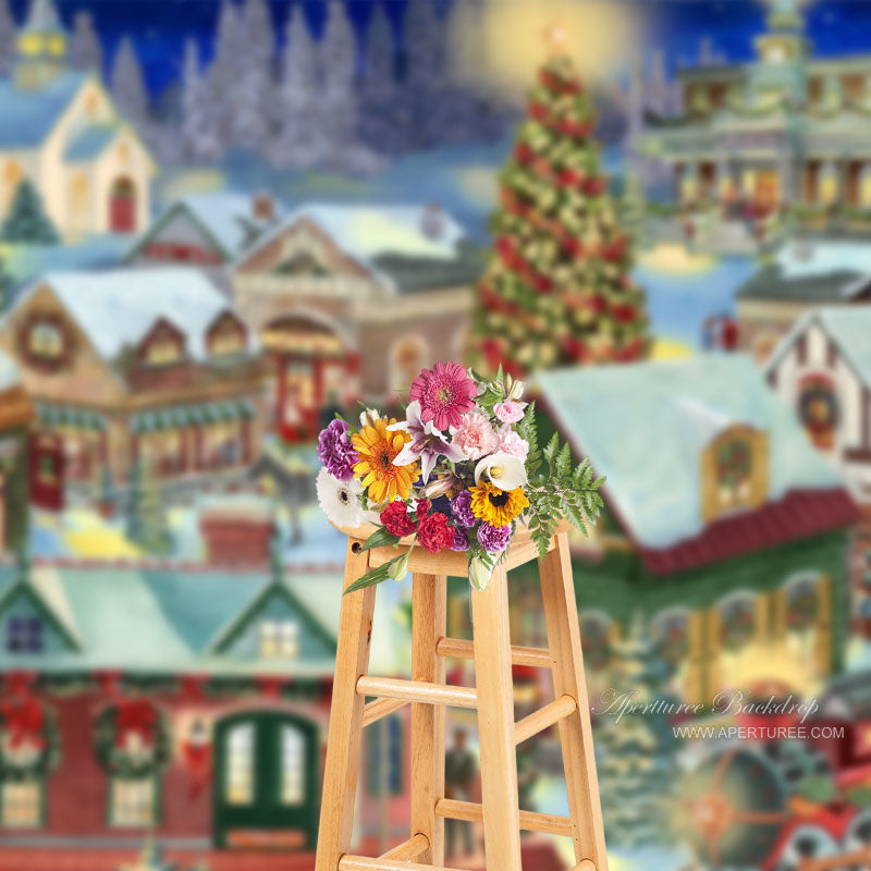 Aperturee - Village Carriage Christmas Tree Backdrop For Party