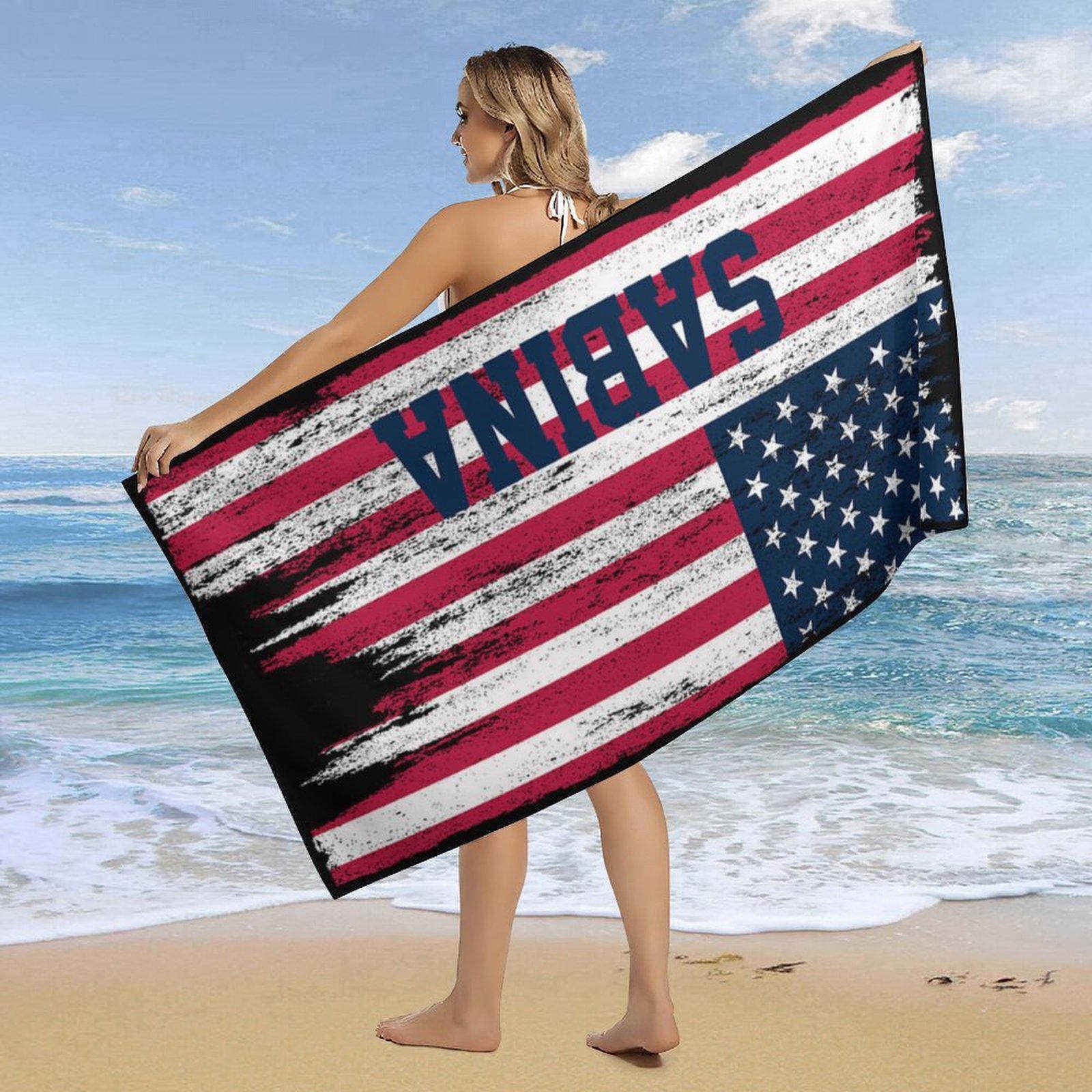 Aperturee - Vintage American Flag Personalized Name Beach Towel