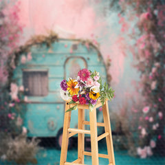 Aperturee - Vintage Blue RV Pink Flower Spring Photo Backdrop