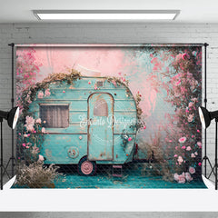 Aperturee - Vintage Blue RV Pink Flower Spring Photo Backdrop