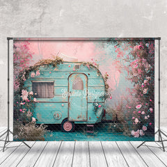 Aperturee - Vintage Blue RV Pink Flower Spring Photo Backdrop