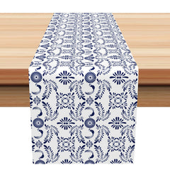 Aperturee - Vintage Blue White Leaf Patterns Rustic Table Runner