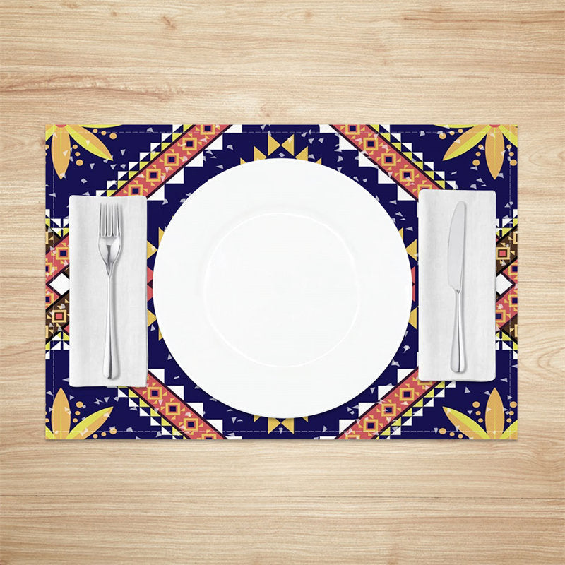 Aperturee - Vintage Blue Yellow Tribal Dining Set Of 4 Placemats