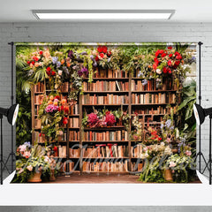 Aperturee - Vintage Bookcase Floral Plants Photoshoot Backdrop