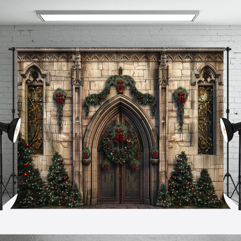 Aperturee - Vintage Brick Wall Green Trees Christmas Backdrop