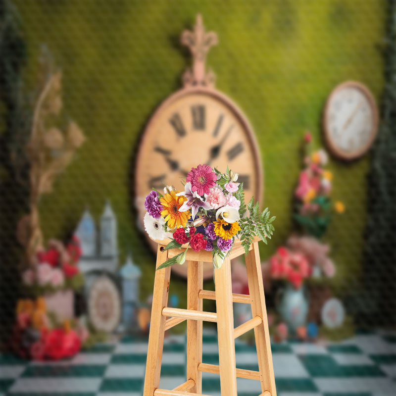 Aperturee - Vintage Clock Floral Grass Spring Photo Backdrop