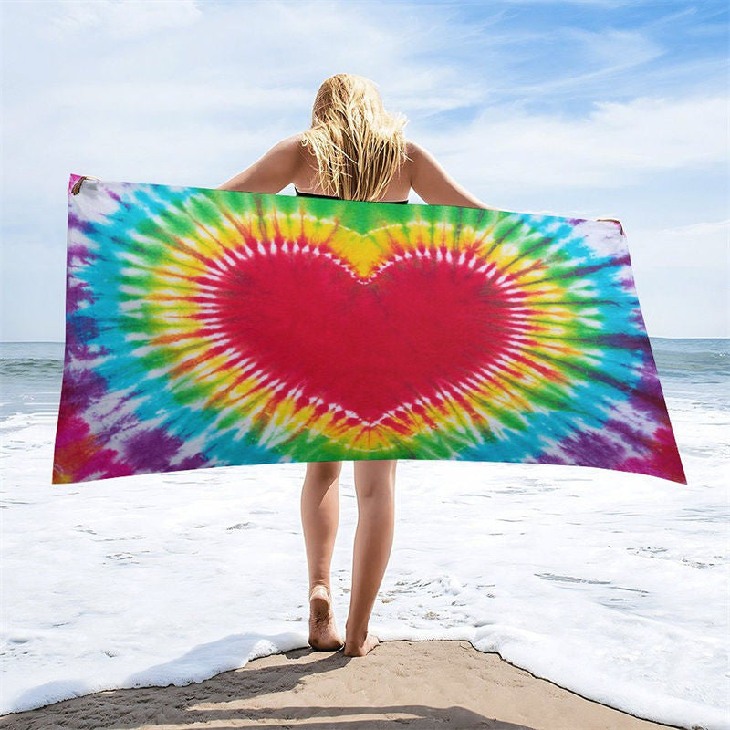 Aperturee - Vintage Colorful Heart Tie Dye Pattern Beach Towel