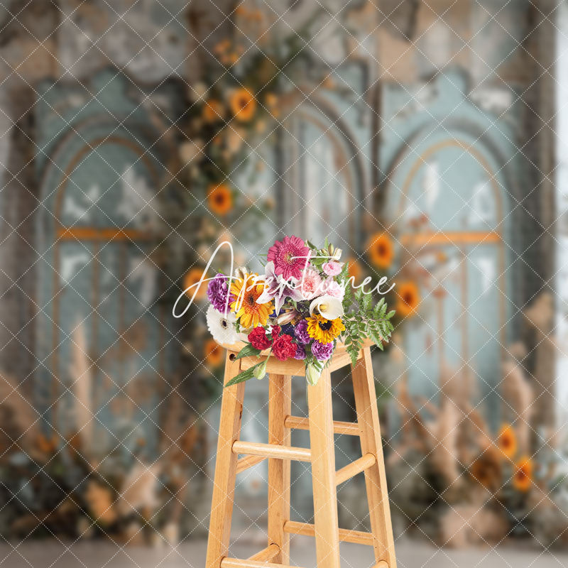 Aperturee - Vintage Door Boho Floral Wedding Backdrop For Photo