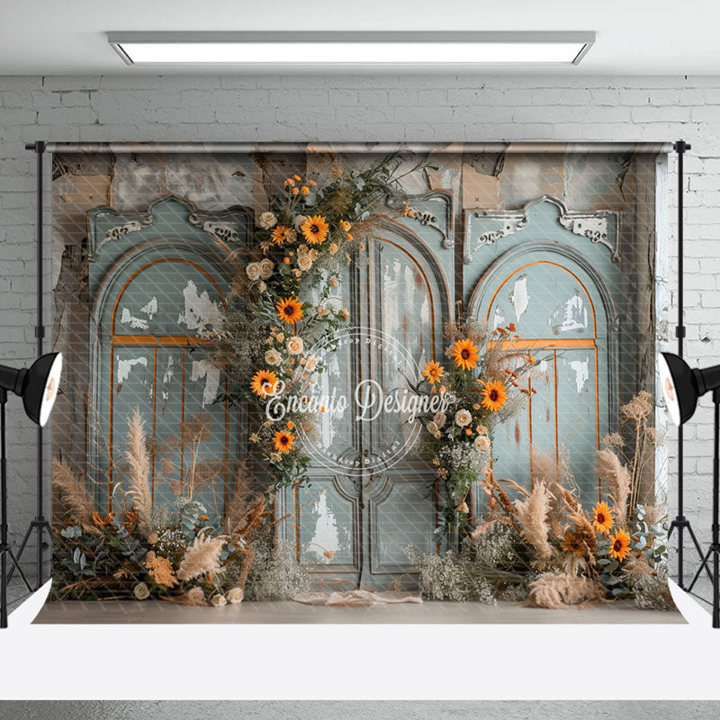 Aperturee - Vintage Door Boho Floral Wedding Backdrop For Photo