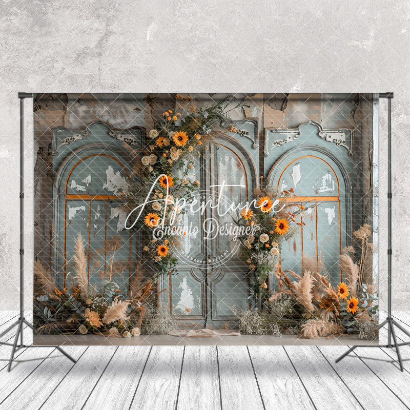 Aperturee - Vintage Door Boho Floral Wedding Backdrop For Photo