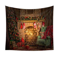 Aperturee - Vintage Fireplace Green Sofa Christmas Backdrop