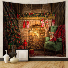 Aperturee - Vintage Fireplace Green Sofa Christmas Backdrop