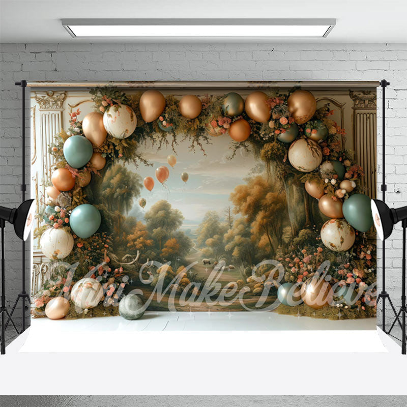 Aperturee - Vintage Floral Balloon Birthday Cake Smash Backdrop