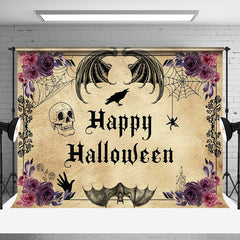 Aperturee - Vintage Floral Skull Bats Happy Halloween Backdrop