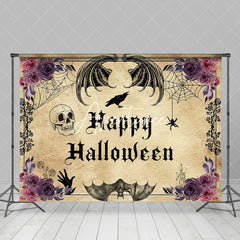 Aperturee - Vintage Floral Skull Bats Happy Halloween Backdrop